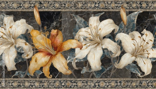 Elegant floral border featuring white and yellow lilies against a textured dark background, framed by intricate ornamental designs