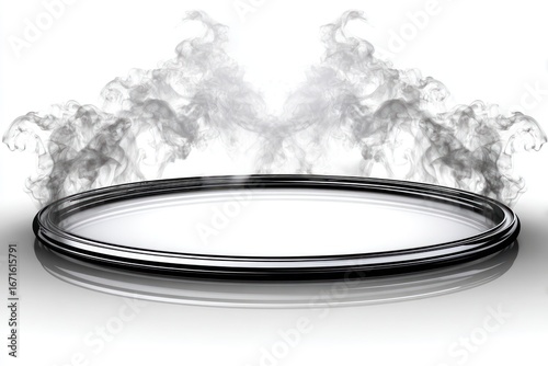 Shiny silver ring reflects on a glossy surface with two cloud-like smoke puffs above