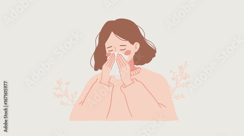 A woman with brown hair is looking distressed while gently blowing her nose into a tissue. The background features soft pastel colors and floral elements, creating a calming atmosphere.