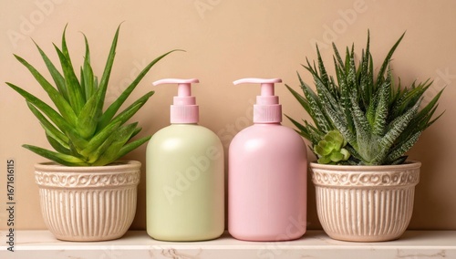 Soap pumps flank potted plants