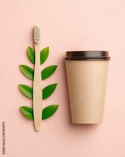 Eco flatlay bamboo toothbrush, green leaves, paper coffee cup on peach background