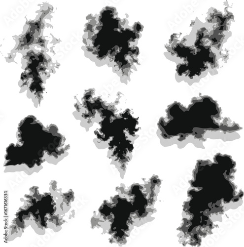 Set of black ink splashes and blots vector illustration with grunge texture