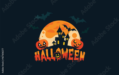 Halloween Night: A spooky, moonlit Halloween illustration with a haunted house, jack-o'-lanterns, and bats, evoking a sense of mystery and festive fun.
