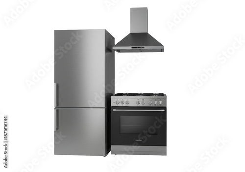 Isolated steel kitchen appliances fridge, gas stove, oven and cooker hood on display