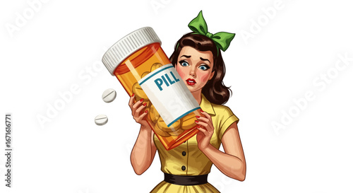 Vintage illustration of a shocked woman holding an oversized prescription pill bottle, a conceptual take on medication, addiction, and healthcare