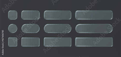 Glass round square transparent button set on grey background. 3d vector realistic ui icon.