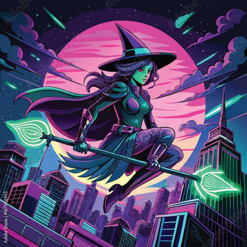 Cyberpunk Witch Flying Over City Neon T-Shirt Design Illustration
