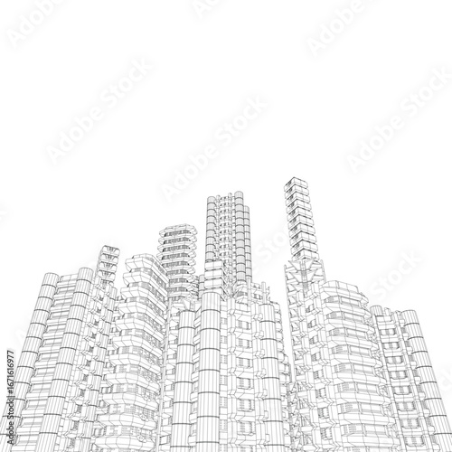 A sci-fi city wireframe building with countless windows rises against a stark white background, rendered in a minimalist black and white drawing.