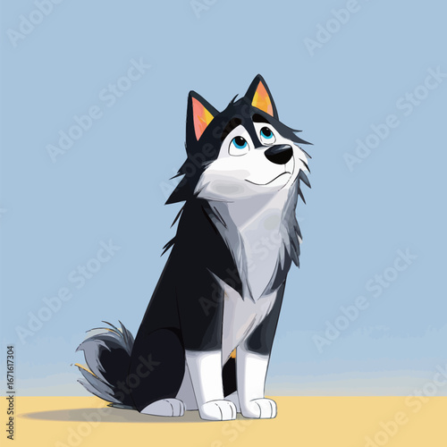 A playful animated dog sits and gazes upwards with big blue eyes, surrounded by a soft light blue background and sandy ground. Its fur is predominantly black and white.
