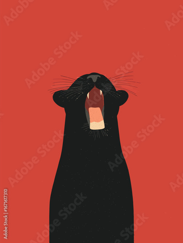 A black panther stands tall with its mouth open in a roar, set against a striking red backdrop. The artwork captures a powerful and bold representation of wildlife.
