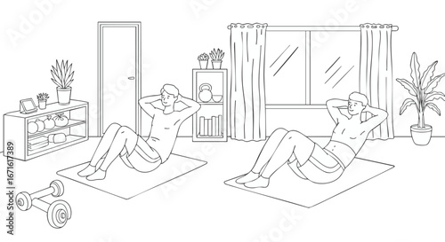 Home Workout Scene Two Men Doing Sit-Ups in a Simple Line Art Illustration