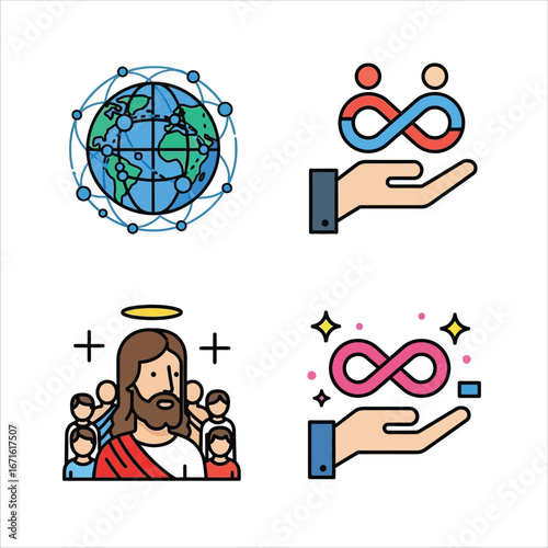 Four icons representing global connection faith and infinite possibilities