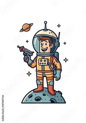 A charming retro cartoon astronaut holding a laser blaster, standing on a cratered moon. A fun sci-fi character illustration for space exploration concepts