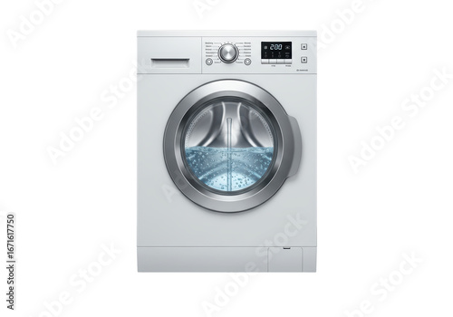 Isolated front-load washing machine with display showing a program running and some water inside