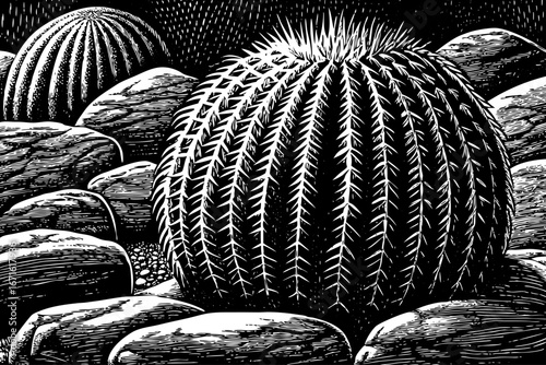 barrel cactus among desert rocks, rounded forms contrasting sharp stone structures, picturesque natural scenery, captured in black and white sketch