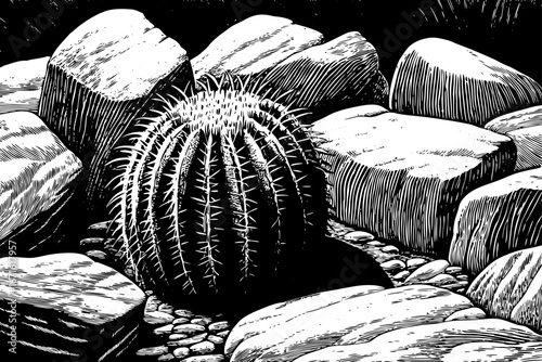 barrel cactus among desert rocks, rounded forms contrasting sharp stone structures, picturesque natural scenery, captured in black and white sketch