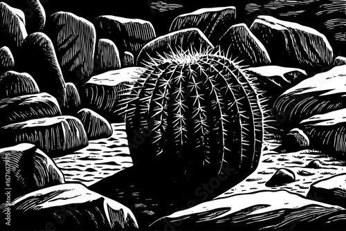 barrel cactus among desert rocks, rounded forms contrasting sharp stone structures, picturesque natural scenery, captured in black and white sketch