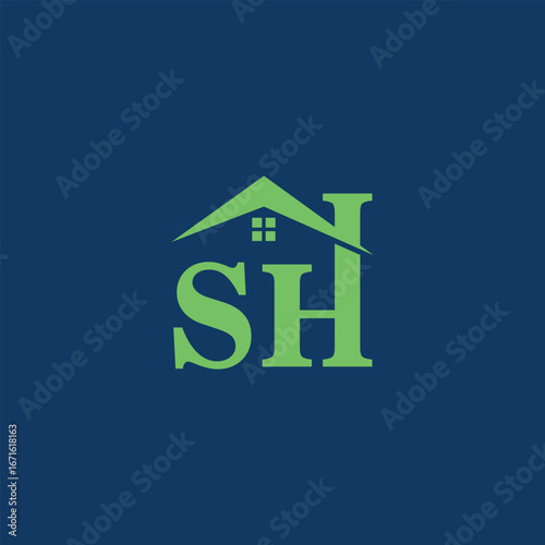 Creative vector logo with the initials “SH” integrated into a house roof and window design, symbolizing real estate, housing, and construction. Perfect for property agencies, home builders, or archite