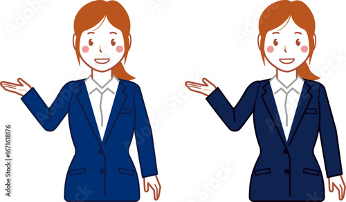 ネイビースーツ、ポニーテールのこちらと指し示す若い女性