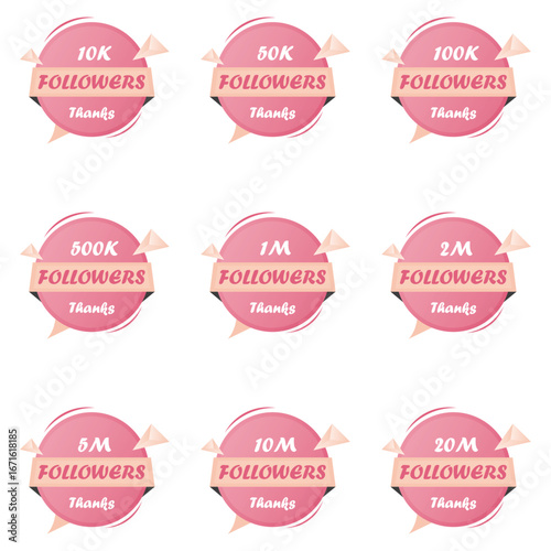 Pink badge collage in 3x3 grid celebrating follower milestones from 10k to 20M with ribbons and Thanks ideal for influencer branding and social media growth visuals