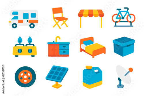 Colorful flat icons of camping and outdoor equipment essentials