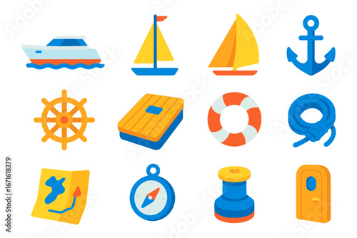 Colorful nautical elements collection featuring boats, sailboats, anchor, and compass