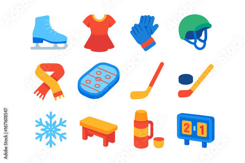 Colorful flat icons of winter sports equipment and accessories for ice skating and hockey