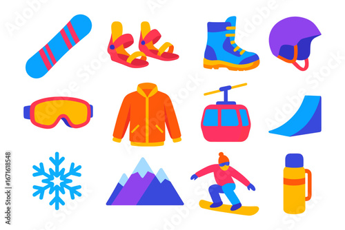 Vibrant winter sports icons featuring snowboarding, ski gear, and mountain elements