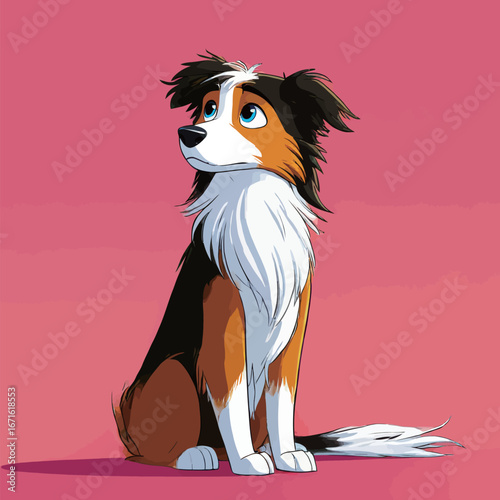 An animated border collie sits gracefully, showcasing its striking black and orange fur. The dogs expressive eyes reflect curiosity. The vibrant pink background enhances its playful character.