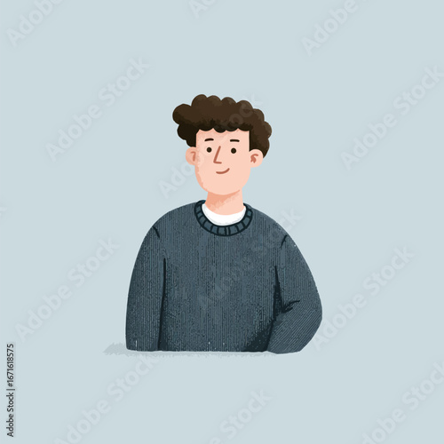 A young individual with curly hair is smiling warmly while wearing a knitted sweater. The background is a calm pastel color, creating a welcoming atmosphere.