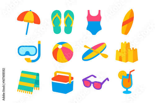Colorful beach essentials in flat design including surfboard and sandcastle