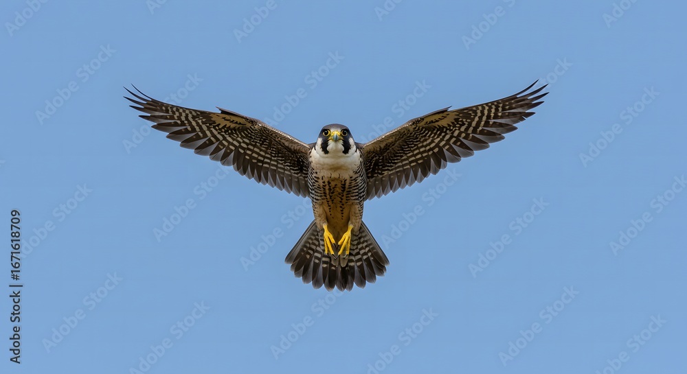 Fototapeta premium Peregrine Falcon Flying Against Clear Blue Sky, Wings Spread Wide