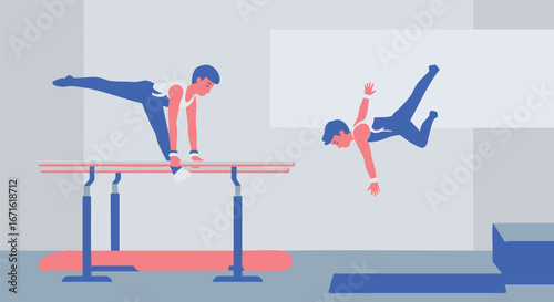 Vibrant illustration depicting male gymnasts in action, one skillfully performing a handstand on parallel bars while another executes an impressive aerial flip during an athletic training session