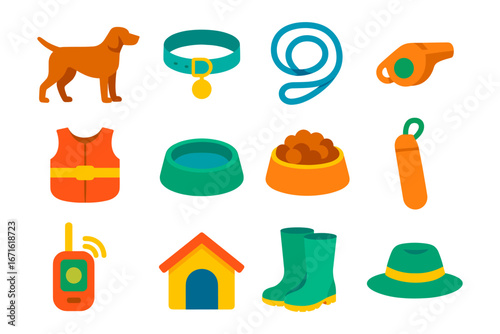 Colorful pet accessories and dog training icons set for outdoor activities