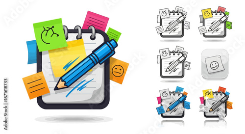 A vibrant set of illustrated icons depicting a notepad, pencil, and colorful sticky notes, symbolizing creativity, planning, and task management
