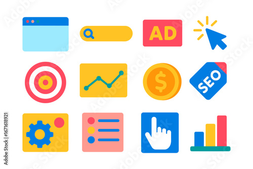 Colorful flat design marketing and seo icons for digital strategy
