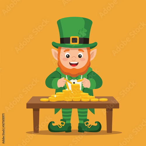Leprechaun with green hat and clover is stacking gold coins on wooden table