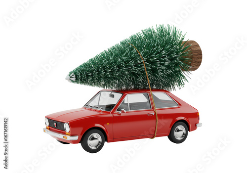 Isolated red car with Christmas tree on top for delivery, family celebration and holiday mood