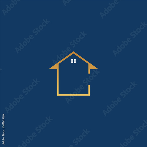 Minimalist house logo with a golden outline and window detail, symbolizing real estate, construction, property development, and modern architectural design.