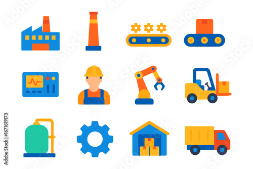 Colorful icons depicting factory equipment and logistics in modern flat style