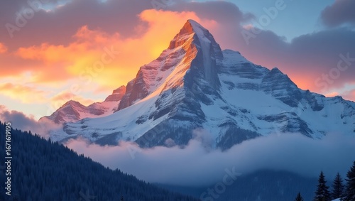 A vibrant sunrise illuminating the peak of a mountain,Soft orange hues illuminate the mountain range at dusk, golden hour, mountainside

