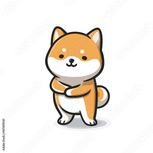 A cheerful cartoon shiba inu stands with its arms crossed, showcasing a friendly demeanor and a lively expression. The design is simple yet captures the dogs charm.