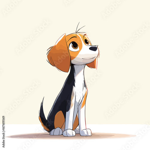 An adorable animated beagle puppy sits and looks up with large expressive eyes. The puppy has a mix of black, white, and brown fur, radiating charm and playfulness in a simple, light background.