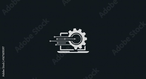 A minimalist icon representing technology and processing speed, featuring a laptop, a large gear, and motion lines on a dark background.