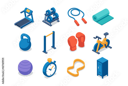 Collection of isometric gym equipment icons for fitness and exercise design