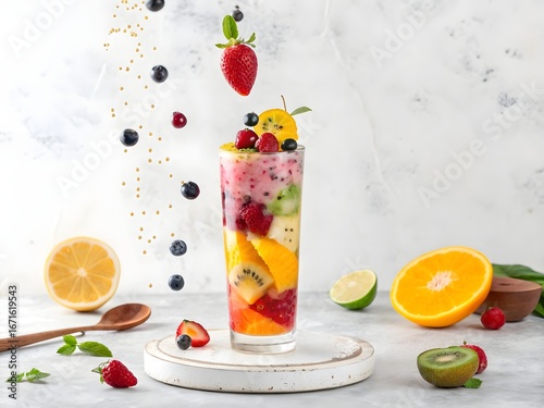 Refreshing Fruit Smoothie with Fresh Berries and Citrus in a Creative Splash
