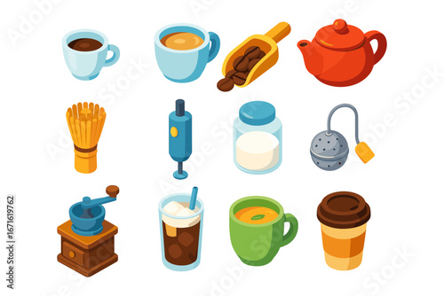 Isometric beverage equipment and ingredients collection for coffee and tea lovers