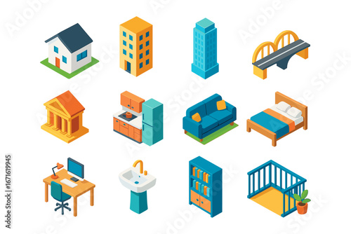 Isometric icon collection: buildings, furniture, home appliances, and more