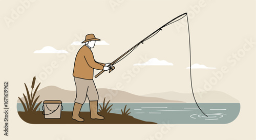 Man Fishing at the Lake, Holding Rod, Wearing Hat and Boots, Calm Water