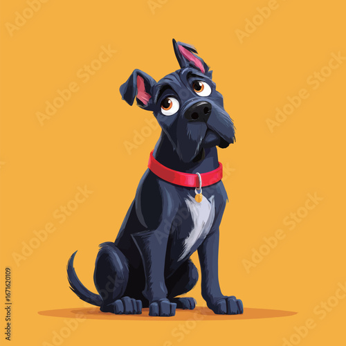 A charming black dog with a red collar sits attentively, gazing upward with an adorable expression. The vivid yellow backdrop enhances the dogs playful charm and personality.